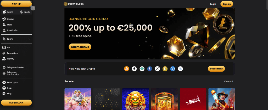 A screenshot of the Lucky Block Casino Front Page With the Main Promotion Lucky Block Front Page - best online slots and casino games