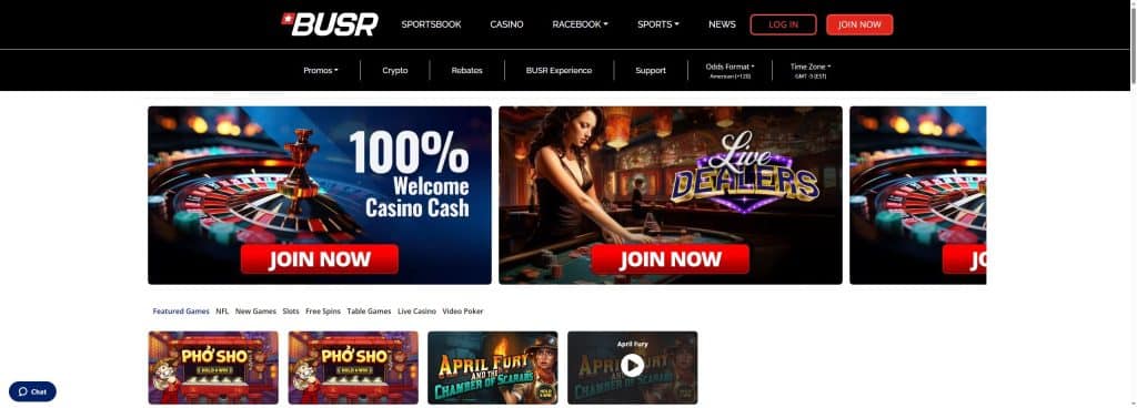 A screenshot of the BUSR Casino Front Page BUSR - Crypto Focused Florida Online Casinos