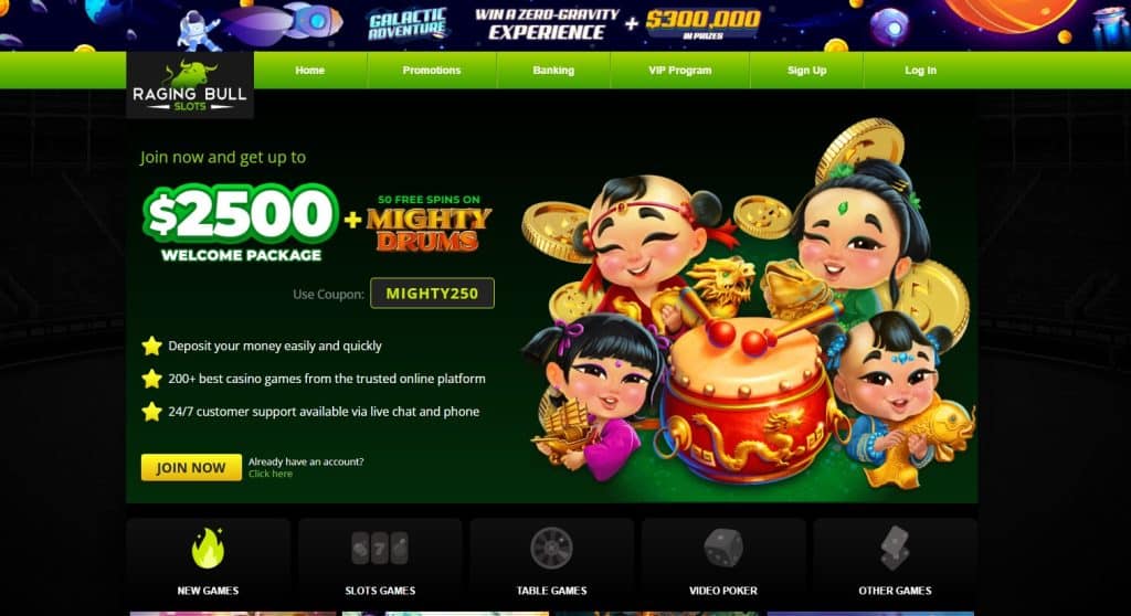 Raging Bull Casino landing page snapshot showcasing the main promotions for new players