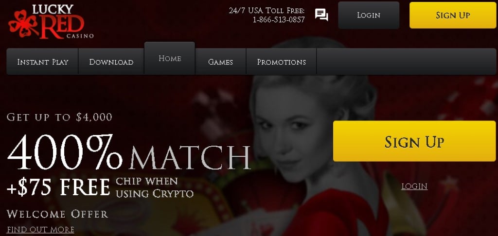 Lucky Red Landing Page Screenshot Showing One Of The Largest Welcome Bonuses out of all the Best Payout Online Casinos